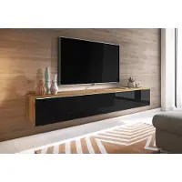 Minio TV-Schrank DONNA 180 cm - stehend oder hängend, mit LED Beleuchtung, Wotan Eiche / Schwarz Hochglanz