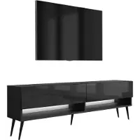 3Xeliving TV-Lowboard 170 cm Mattschwarz / Hochglanzschwarz, schwarze schräge Beine