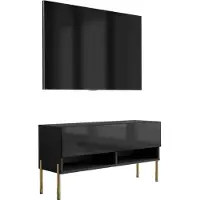 3Xeliving TV-Lowboard 100 cm Mattschwarz / Hochglanzschwarz, gerade goldene Beine