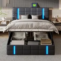 Moonbite Gepolstertes Doppelbett 140 x 200 cm mit verstellbarer LED-Beleuchtung, Stauraum, Ladeanschluss, Schwarz