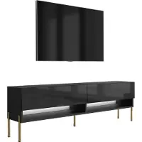 3Xeliving TV-Lowboard 170 cm Mattschwarz / Hochglanzschwarz, gerade goldene Beine
