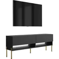 3Xeliving TV-Lowboard 140 cm Mattschwarz, gerade goldene Beine, weiße LED