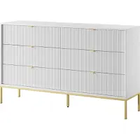 3Xeliving Kommode: 6 Schubladen, Weiß, goldene Beine, 154 x 39 x 83 cm