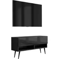 3Xeliving TV-Lowboard 100 cm Mattschwarz / Hochglanzschwarz, schwarze schräge Beine