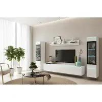 Minio , Wohnwand "VEVE 2", 4-Teilig, mit LED-Beleuchtung, hängend, stehend, Wohnzimmer, Weiss Matt / Weiss Glanz Farbe