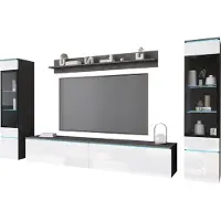 Minio , Wohnwand "VEVE 2", hängend, stehend, 4-Teilig mit LED-Beleuchtung, Matera / Weiss Hochglanz Farbe