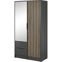 Bettso Eleganter Zweitüriger Kleiderschrank mit 2 Schubladen für Schlafzimmer Nelly 2D mit Spiegel und Eiche Artisan Lamellen Fronten / Graphit