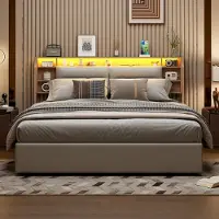 Moonbite 160 x 200 cm großes Bett mit Lattenrost, LED-Beleuchtung, Stauraum und Kopfteil mit 3 Fächern – Weißer PolyurethanBezug, hydraulische Hubfunktion, ideal für ein modernes Schlafzimmer