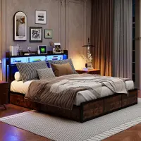 Moonbite 140 x 200 cm großes Bett mit Lattenrost, LED-Beleuchtung, 4 Schubladen, geeignet für Teenager, Matratze nicht im Lieferumfang enthalten