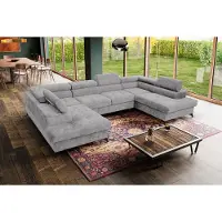 MargaretHadas24 Ecksofa U Form Palermo mit Schlaffunktion Bettzeugablage 345x202cm Big Sofa Couch Verstellbare Kopfstützen Sofa XXL, 5 Sitzer hellgrau