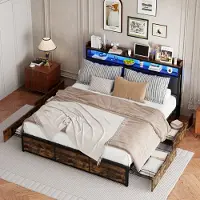Moonbite Doppelbett mit Schubladen, 140 x 200 cm, Bettgestell mit mattschwarzem Tigerlederbezug, Kopfteil mit Stauraum, LED-Lichtleiste, Polyurethan– Schwarz