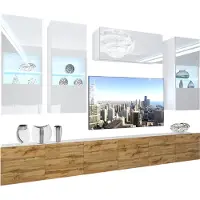 Belini Wohnwand Vollausstattung Wohnzimmer-Set Moderne Schrankwand mit LED-Beleuchtung Weiß Glänzend Anbauwand TV-Schrank Weiß / Eiche Wotan Glänzend/Matt