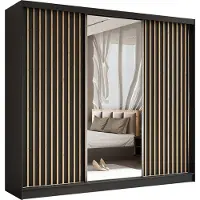 MargaretHadas24 240 cm Kleiderschrank Erika mit Lamellen und Spiegel inklusive 3 Schiebetüren Schwebetürenschrank Kleiderstange Lieferung bis in die Wohnung (Farbe: schwarz, schwarz, Lamelle Artisan)