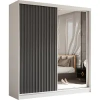 MargaretHadas24 200 cm Kleiderschrank Erika mit Lamellen und Spiegel inklusive 2 Schiebetüren Schwebetürenschrank (Farbe: weiß, grau, Lamelle grau)