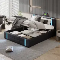 Moonbite Erwachsenenbett 160×200cm mit LED-Lichtleiste, Staufach, Kopfteil, 2 USB-Anschlüssen, gepolstertem Bezug, Jugendbett, schwarzem PolyurethanBezug