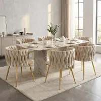 LVHOM Esszimmerstühle Samtbezug Wohnzimmerstuhl 6er Set Polstertuhl Geflochtener Stil, Esszimmer Stuhl, Goldene Metallrahmen, Ivory