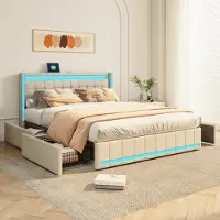 Moonbite Bett mit Stauraum 140x190 cm – umlaufende LED an Kopfteil, Fußteil und Flanken, USB, 4 Schubladen, Lattenrost, Leinen, Grau