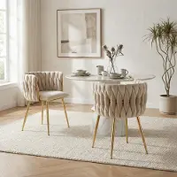 LVHOM Esszimmerstühle Samtbezug Wohnzimmerstuhl 2er Set Polstertuhl Geflochtener Stil, Esszimmer Stuhl, Goldene Metallrahmen, Ivory