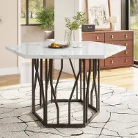 UnboxG Sechseckiger Marmor-Esstisch (1 Stück) – Schwarzes Metallgestell in Astform, Küche/Wohnzimmer