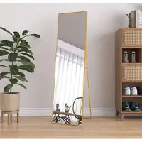 CDGlobal Ganzkörperspiegel – Wandspiegel im minimalistischen Design – Stehender rechteckiger Spiegel mit Metallkante – Gold – 40 x 140 x 3 cm