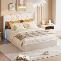 Moonbite Bett mit Stauraum (160 x 200 cm), Doppelbett (160 x 200 cm) mit Lattenrost, gepolstertes Bett mit Stauraum, Kopfteil mit verstellbarer LED-Beleuchtung, Samt, beige