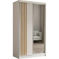 MargaretHadas24 120 cm Kleiderschrank Neli mit Lamellen und Spiegel inklusive 2 Schiebetüren Schwebetürenschrank (Farbe: weiß, weiß, Lamelle Artisan)
