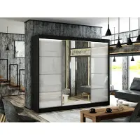 MargaretHadas24 Kleiderschrank Venus III 250 cm inklusive 3 Schiebetüren mit Spiegel Lieferung bis in die Wohnung Kleiderstange Garderobe Schrank (Farbe: schwarz, lacobel weiß)