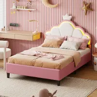 Moonbite Mädchenbett Prinzessin 140x200 cm – dritte Krönung, Krone mit LED und höhenverstellbarem Kopfteil, Kunstleder, Rosa