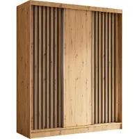MargaretHadas24 180 cm Kleiderschrank Erika mit Lamellen ohne Spiegel inklusive 3 Schiebetüren Schwebetürenschrank (Farbe: Artisan, Artisan, Lamelle schwarz)