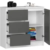 BDW , Kommode, 3 Schubladen, 1 Tür, Schrank, Sideboard, Weiss / Grau