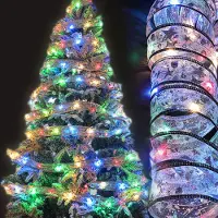 Rosikey 2M Bunt Weihnachtsband Lichter, Silber Batteriebetrieben Weihnachtsbaum Schleifen Band, Weihnachtsbaum Lichterkette für Party Hochzeit Innen Weihnachtsbeleuchtung