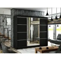 MargaretHadas24 Kleiderschrank Padwa 250 cm inklusive 3 Schiebetüren mit Spiegel Kleiderstange Garderobe Schrank Lieferung bis in die Wohnung (Farbe: schwarz und schwarze Front)