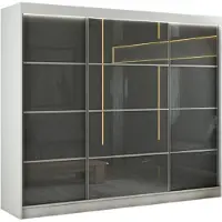 MargaretHadas24 Kleiderschrank Porto III 250 cm inklusive 3 Schiebetüren Lieferung bis in die Wohnung Kleiderstange Garderobe Schrank (Farbe: weiß, lacobel grau, Sprosse)