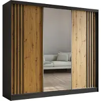 MargaretHadas24 240 cm Kleiderschrank Neli mit Lamellen und Spiegel inklusive 3 Schiebetüren Schwebetürenschrank (Farbe: schwarz, Artisan, Lamelle schwarz)