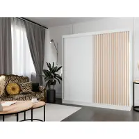 MargaretHadas24 Kleiderschrank Lili mit Lamellen 200 cm inklusive 2 Schiebetüren Schwebetürenschrank Kleiderstange Garderobe Schrank Lieferung bis in die Wohnung (Farbe: weiß, weiß, Lamelle wotan)