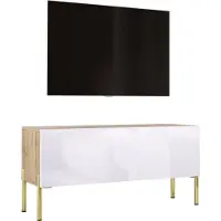 3Xeliving TV-Schrank in Wotan-Eiche / Weiß Hochglanz mit Beinen in Gold, 100 x 52 x 32 cm