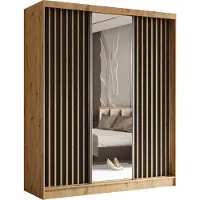 MargaretHadas24 180 cm Kleiderschrank Erika mit Lamellen und Spiegel inklusive 3 Schiebetüren Schwebetürenschrank Kleiderstange Garderobe Lieferung bis in die Wohnung (Farbe: Artisan, schwarz, Lamelle Artisan)