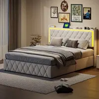 Moonbite 160 x 200 cm großes Bett mit Stauraum, Doppelbett 160 x 200 cm mit Lattenrost, Kopfteil mit USB-Ladeanschluss und verstellbarer LED-Beleuchtung, Samt, beige