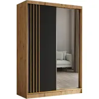 MargaretHadas24 150 cm Kleiderschrank Neli mit Lamellen und Spiegel inklusive 2 Schiebetüren Schwebetürenschrank (Farbe: Artisan, schwarz, Lamelle Artisan)