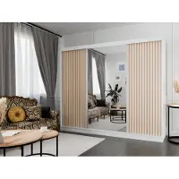 MargaretHadas24 Kleiderschrank Lili mit Lamellen 250 cm inklusive 3 Schiebetüren Schwebetürenschrank Kleiderstange Garderobe Schrank Lieferung bis in die Wohnung (Farbe: weiß, weiß, Lamelle wotan, Spiegel)