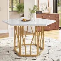 Sweiko Moderner sechseckiger Marmor-Esstisch, Metallzweiggestell, schlichter ästhetischer Couchtisch, geeignet für Esszimmer und Wohnzimmer, Goldene