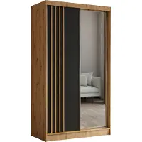 MargaretHadas24 120 cm Kleiderschrank Neli mit Lamellen und Spiegel inklusive 2 Schiebetüren Schwebetürenschrank (Farbe: Artisan, schwarz, Lamelle Artisan)