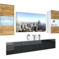 Belini Wohnwand Vollausstattung Wohnzimmer-Set Moderne Schrankwand mit LED-Beleuchtung Weiß Glänzend Anbauwand TV-Schrank Eiche Wotan / Schwarz Glänzend/Matt