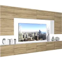 Belini Wohnwand Vollausstattung Wohnzimmer-Set Moderne Schrankwand mit LED-Beleuchtung Weiß Glänzend Anbauwand TV-Schrank Sonoma Eiche Matt
