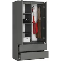 BDW , Kleiderschrank 2 Türen, 2 Schubladen, 180x90x51 cm, Grau