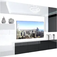 Belini Wohnwand Vollausstattung Wohnzimmer-Set Moderne Schrankwand mit LED-Beleuchtung Weiß Glänzend Anbauwand TV-Schrank Weiß / Schwarz Glänzend