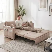 LVHOM Schlafsofa mit 3-fach verstellbarer Lehne&USB, Ausziehbares Schlafbett, 2-Sitzer mit Becherhalter Platzsparend 139x73x83cm, Khaki