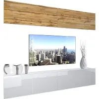 Belini Wohnwand Vollausstattung Wohnzimmer-Set Moderne Schrankwand mit LED-Beleuchtung Weiß Glänzend Anbauwand TV-Schrank Eiche Wotan / Weiß Glänzend/Matt