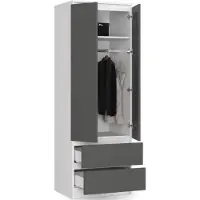 BDW , Kleiderschrank 2 Türen 2 Schubladen, 180x60x51 cm, Weiß / Grau