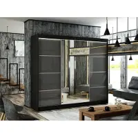 MargaretHadas24 Kleiderschrank Venus III 250 cm inklusive 3 Schiebetüren mit Spiegel Lieferung bis in die Wohnung Kleiderstange Garderobe Schrank (Farbe: schwarz, lacobel grau)